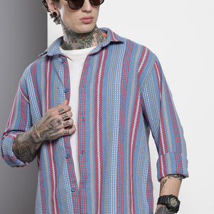 Men's Blue Relaxed Fit Striped Resort Wear Shirt