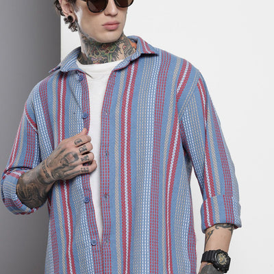 Men's Blue Relaxed Fit Striped Resort Wear Shirt
