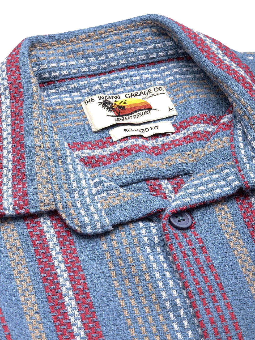 Men's Blue Relaxed Fit Striped Resort Wear Shirt