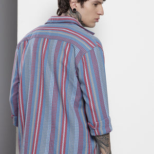 Men's Blue Relaxed Fit Striped Resort Wear Shirt