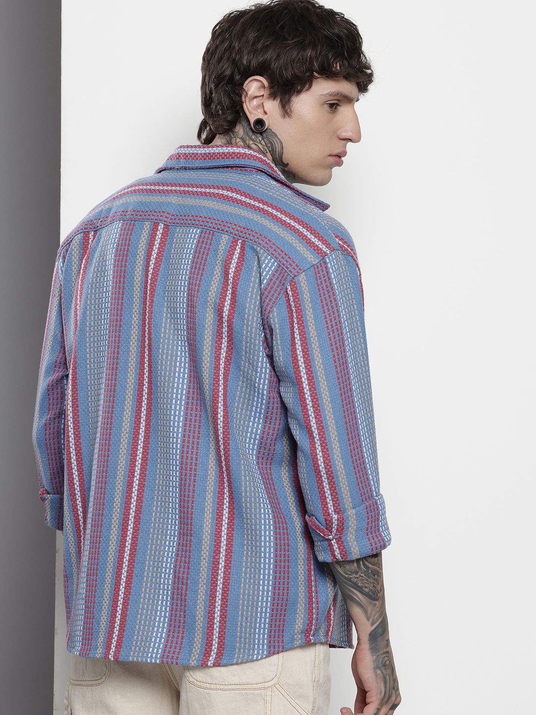 Men's Blue Relaxed Fit Striped Resort Wear Shirt