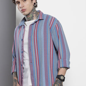 Men's Blue Relaxed Fit Striped Resort Wear Shirt