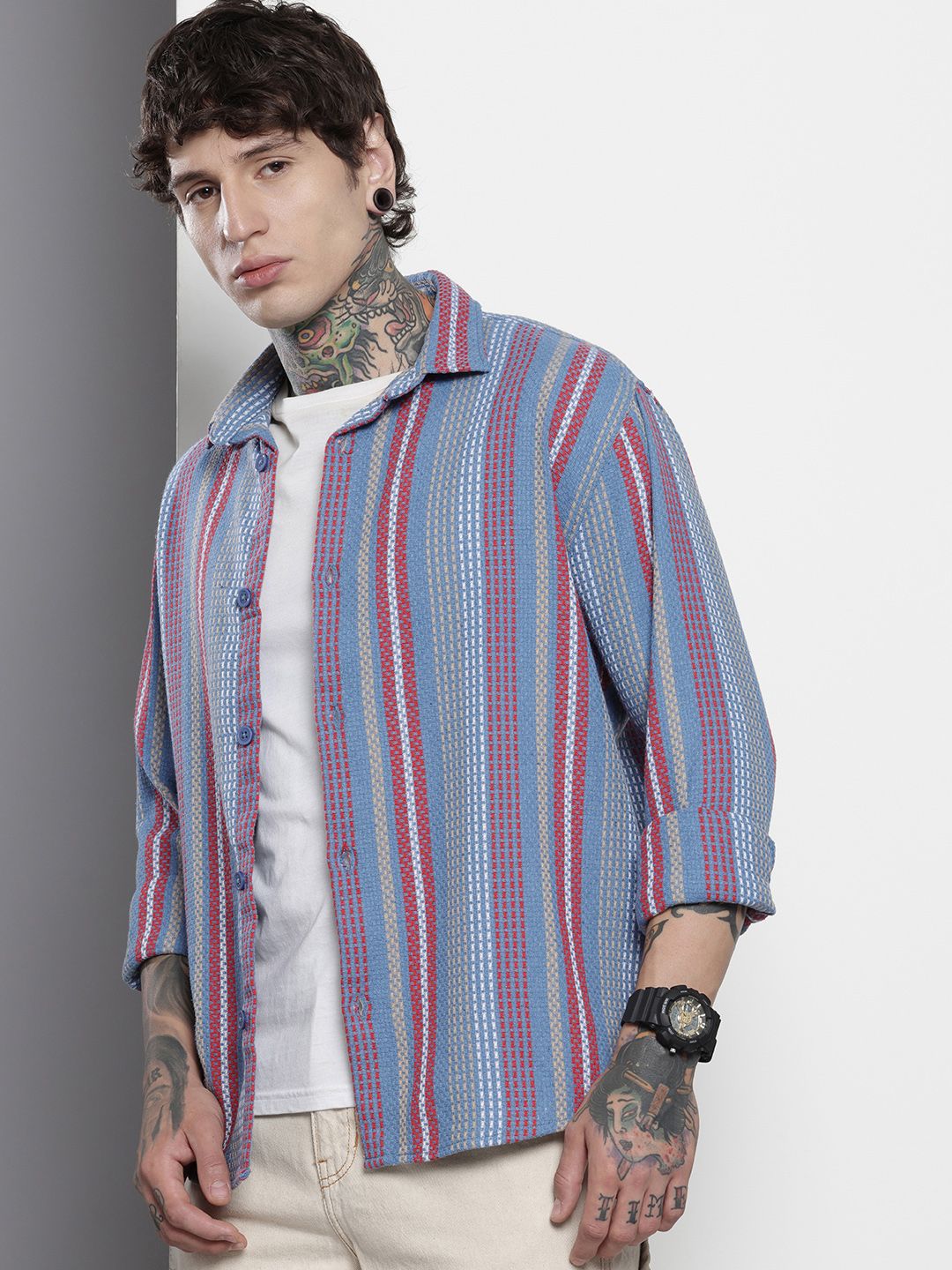 Men's Blue Relaxed Fit Striped Resort Wear Shirt