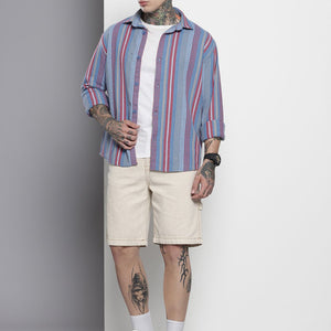 Men's Blue Relaxed Fit Striped Resort Wear Shirt