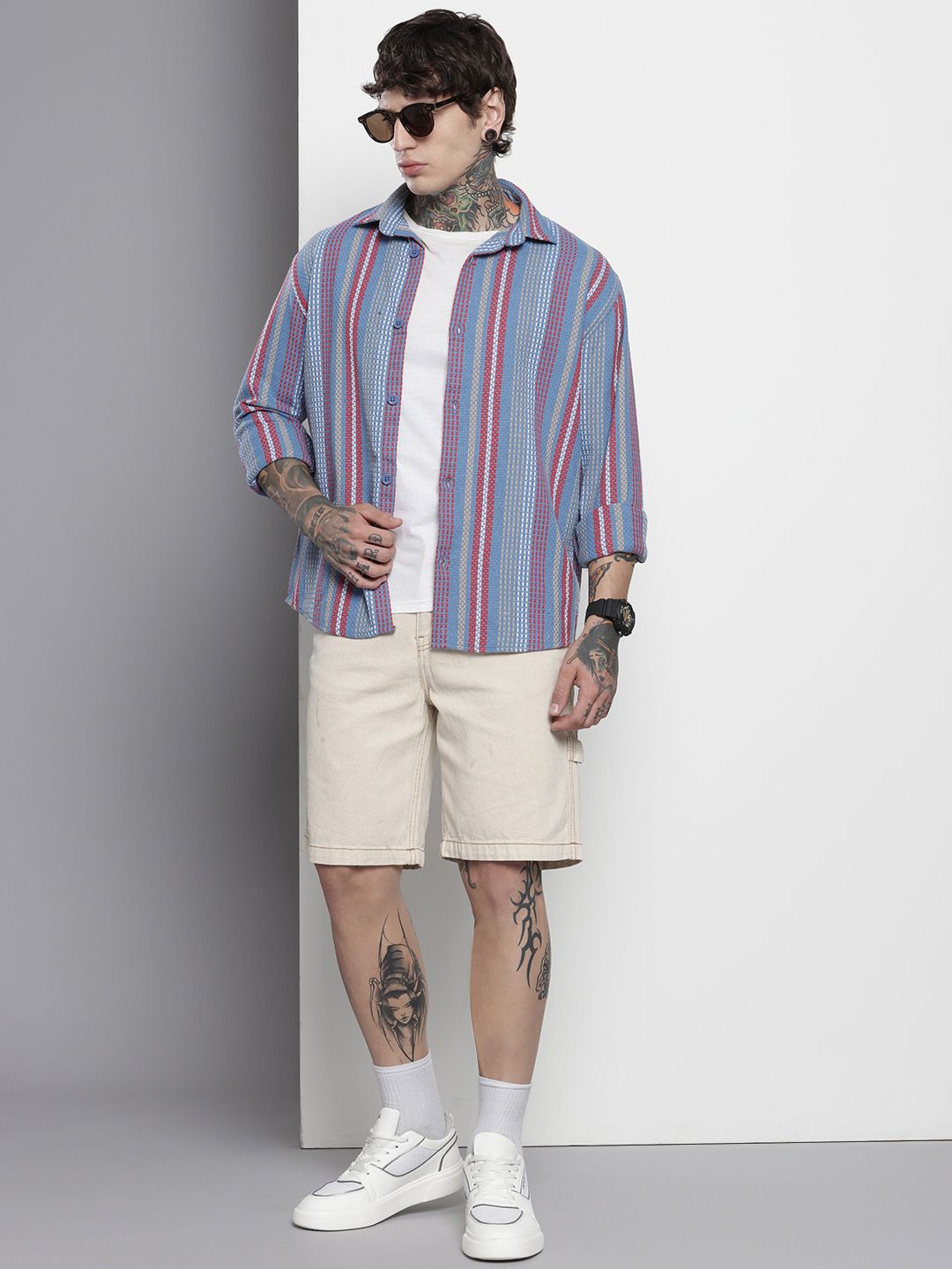 Men's Blue Relaxed Fit Striped Resort Wear Shirt