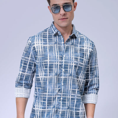 Men's Blue Relaxed Fit Checkered Textured Resortwear Shirt