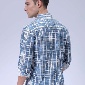 Men's Blue Relaxed Fit Checkered Textured Resortwear Shirt