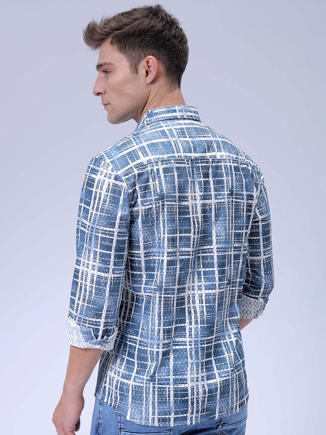 Men's Blue Relaxed Fit Checkered Textured Resortwear Shirt