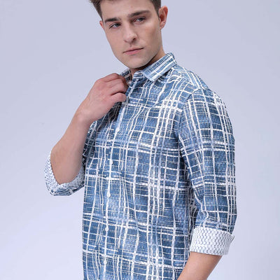 Men's Blue Relaxed Fit Checkered Textured Resortwear Shirt