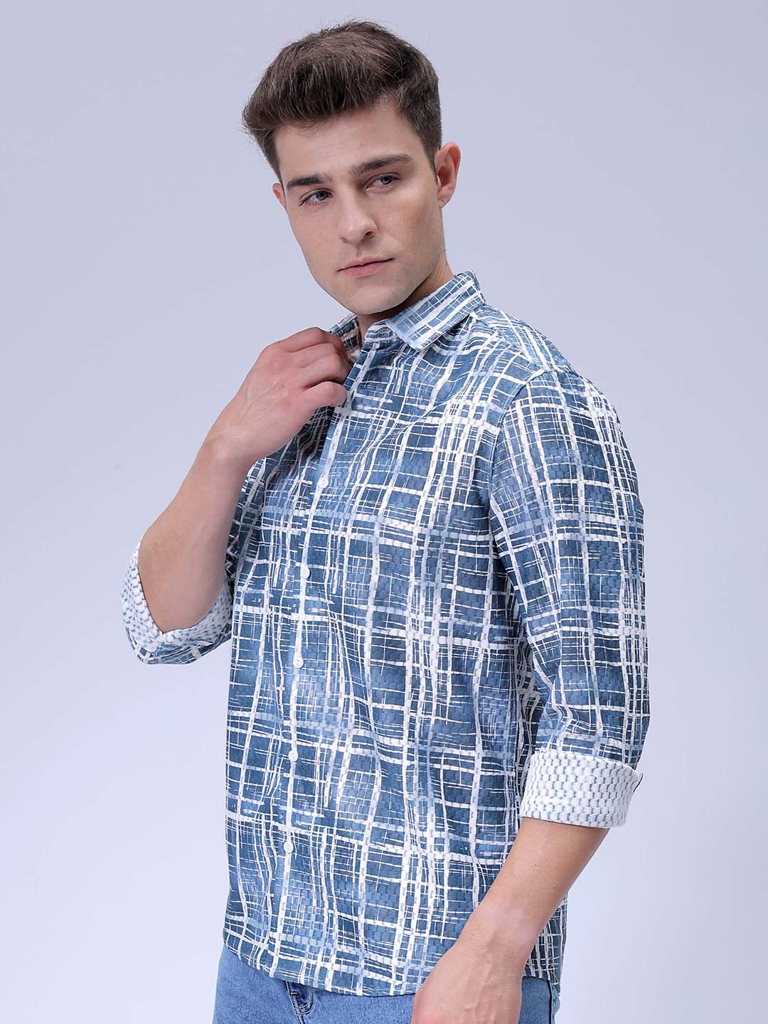 Men's Blue Relaxed Fit Checkered Textured Resortwear Shirt