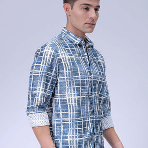 Men's Blue Relaxed Fit Checkered Textured Resortwear Shirt