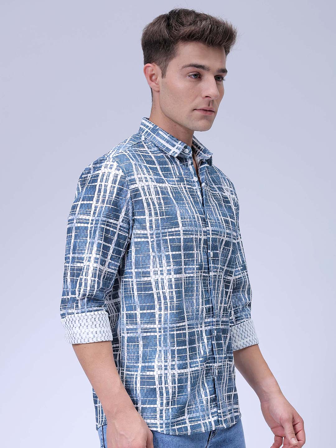 Men's Blue Relaxed Fit Checkered Textured Resortwear Shirt
