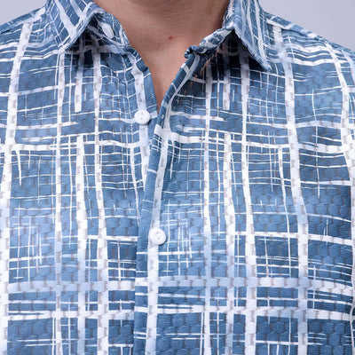 Men's Blue Relaxed Fit Checkered Textured Resortwear Shirt