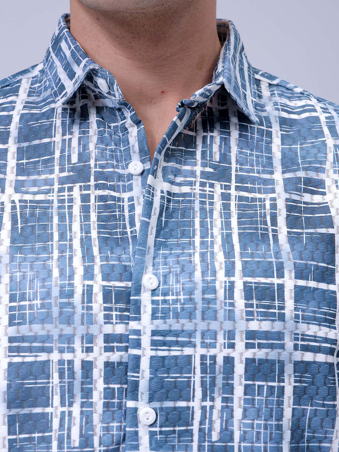 Men's Blue Relaxed Fit Checkered Textured Resortwear Shirt