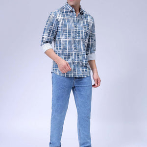 Men's Blue Relaxed Fit Checkered Textured Resortwear Shirt