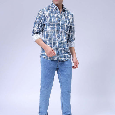 Men's Blue Relaxed Fit Checkered Textured Resortwear Shirt
