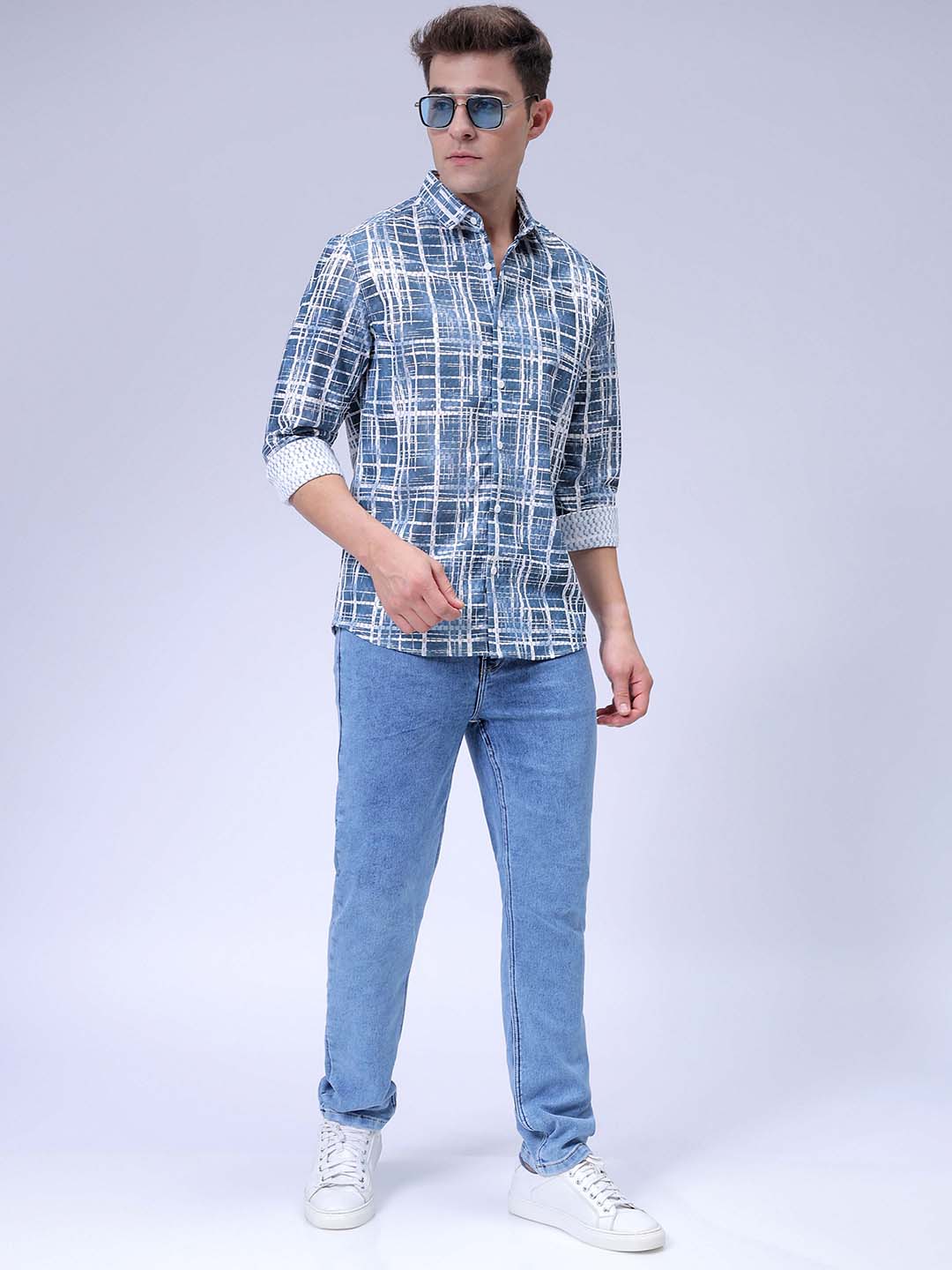 Men's Blue Relaxed Fit Checkered Textured Resortwear Shirt