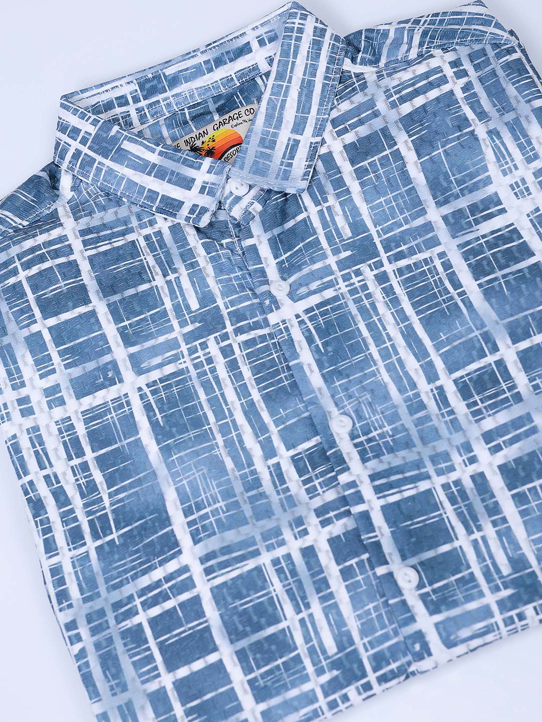 Men's Blue Relaxed Fit Checkered Textured Resortwear Shirt