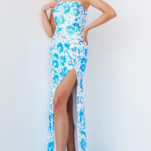 Sequin Fitted One Shoulder Slit Gown by Jovani 08256