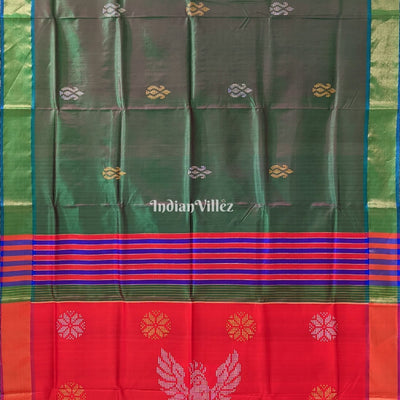 Bottle Green Dual Tone Reddish Orange Handwoven Bishnupuri Silk Saree