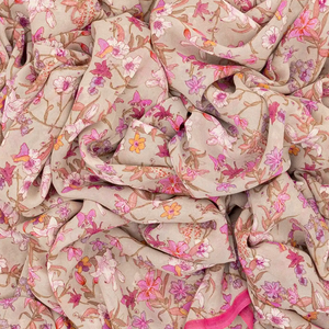 Taupe Woven Digital Printed Georgette Silk Saree With Floral Motifs