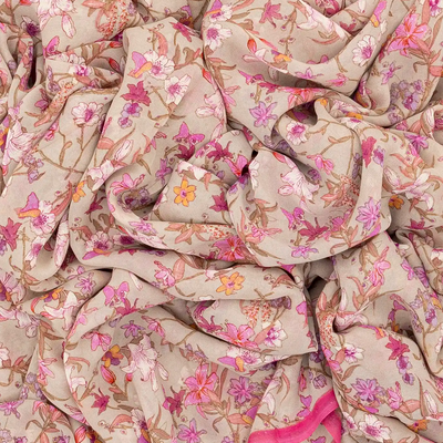 Taupe Woven Digital Printed Georgette Silk Saree With Floral Motifs