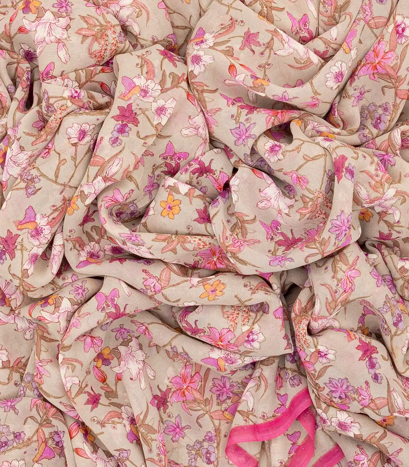 Taupe Woven Digital Printed Georgette Silk Saree With Floral Motifs