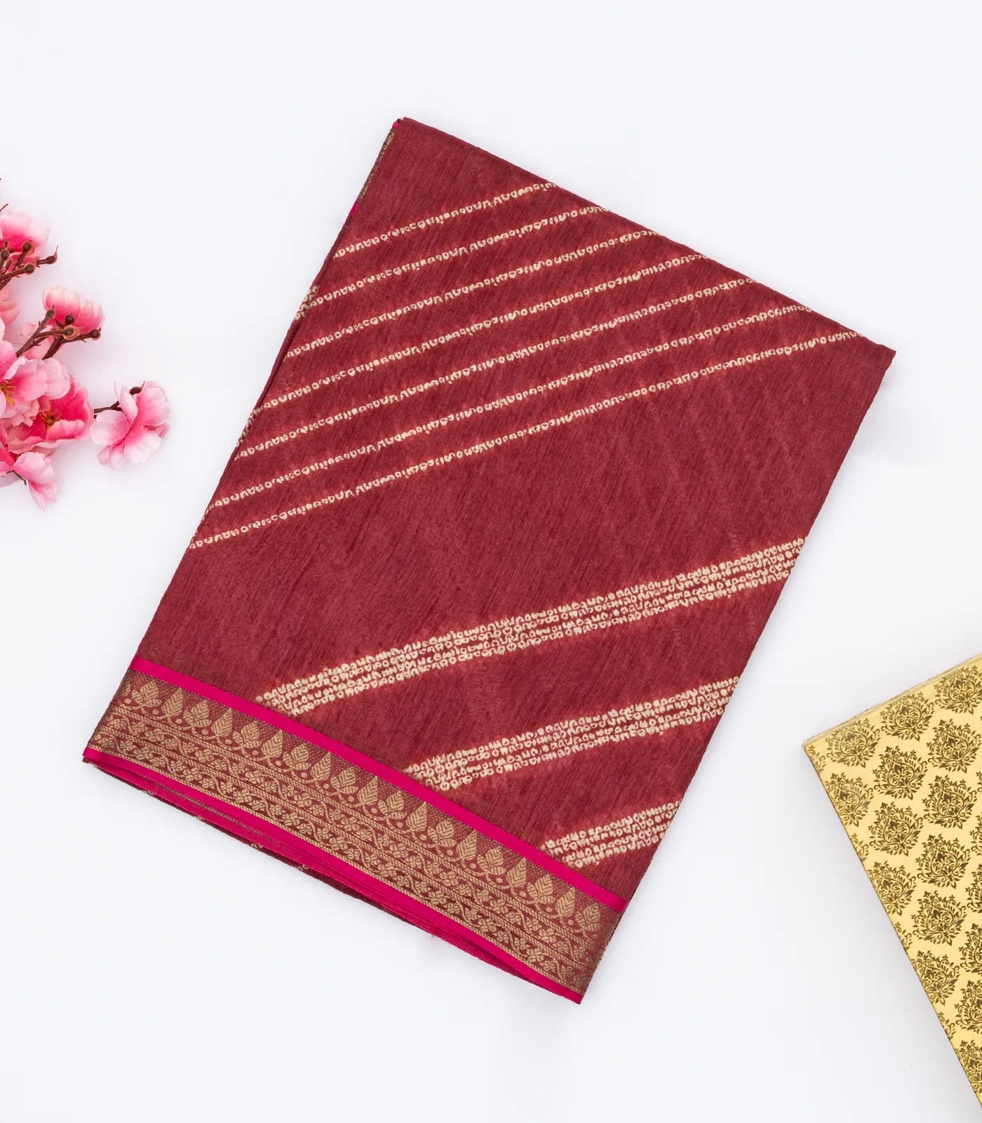 Crimson Handloom Tussar Silk Saree Printed With Bandani Motifs