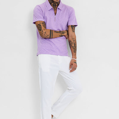 Lavender Self-Design Zipper Polo T-Shirt