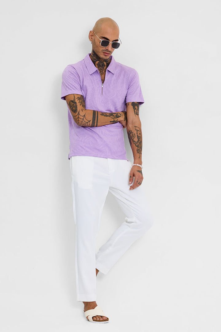 Lavender Self-Design Zipper Polo T-Shirt