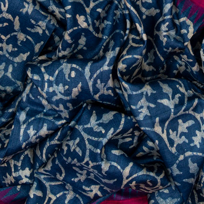 Navy Blue Handloom Tussar Silk Saree With Printed Floral Motifs & Contrast Border