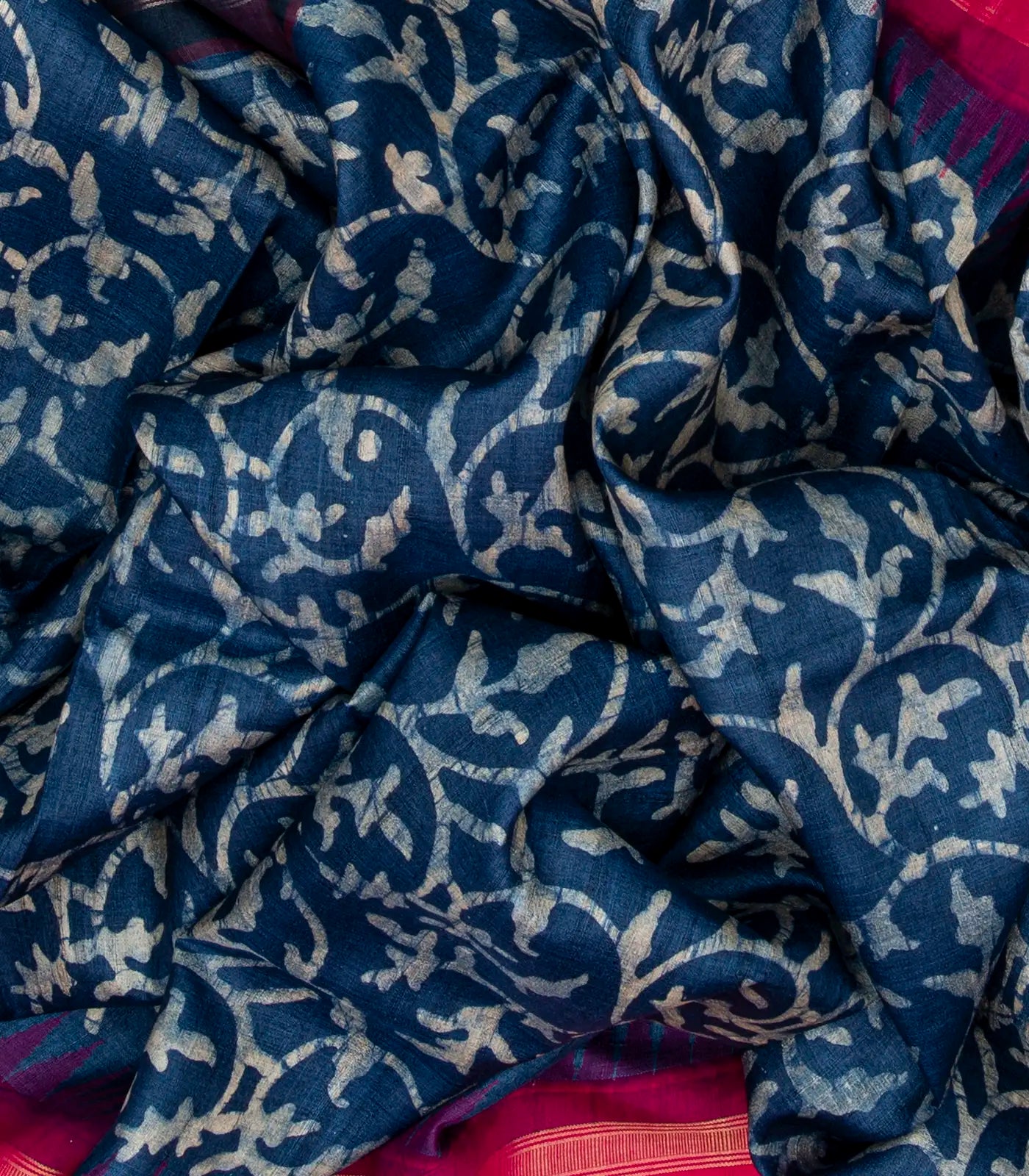 Navy Blue Handloom Tussar Silk Saree With Printed Floral Motifs & Contrast Border