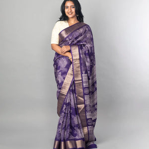 Violet Woven Dola Synthetic Saree Printed With Abstract Motifs