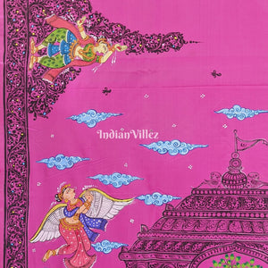 Royal Pink Radha Krisha Pattachitra Art on Pure Silk Saree