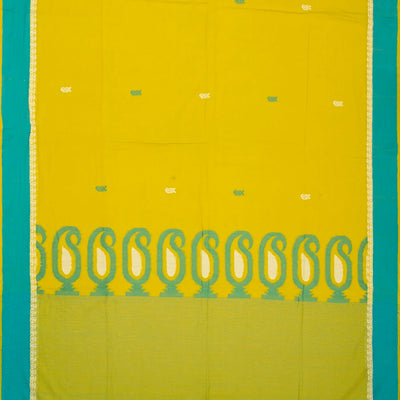 Lime Green Handloom Bengal Cotton Saree With Mango Buttas