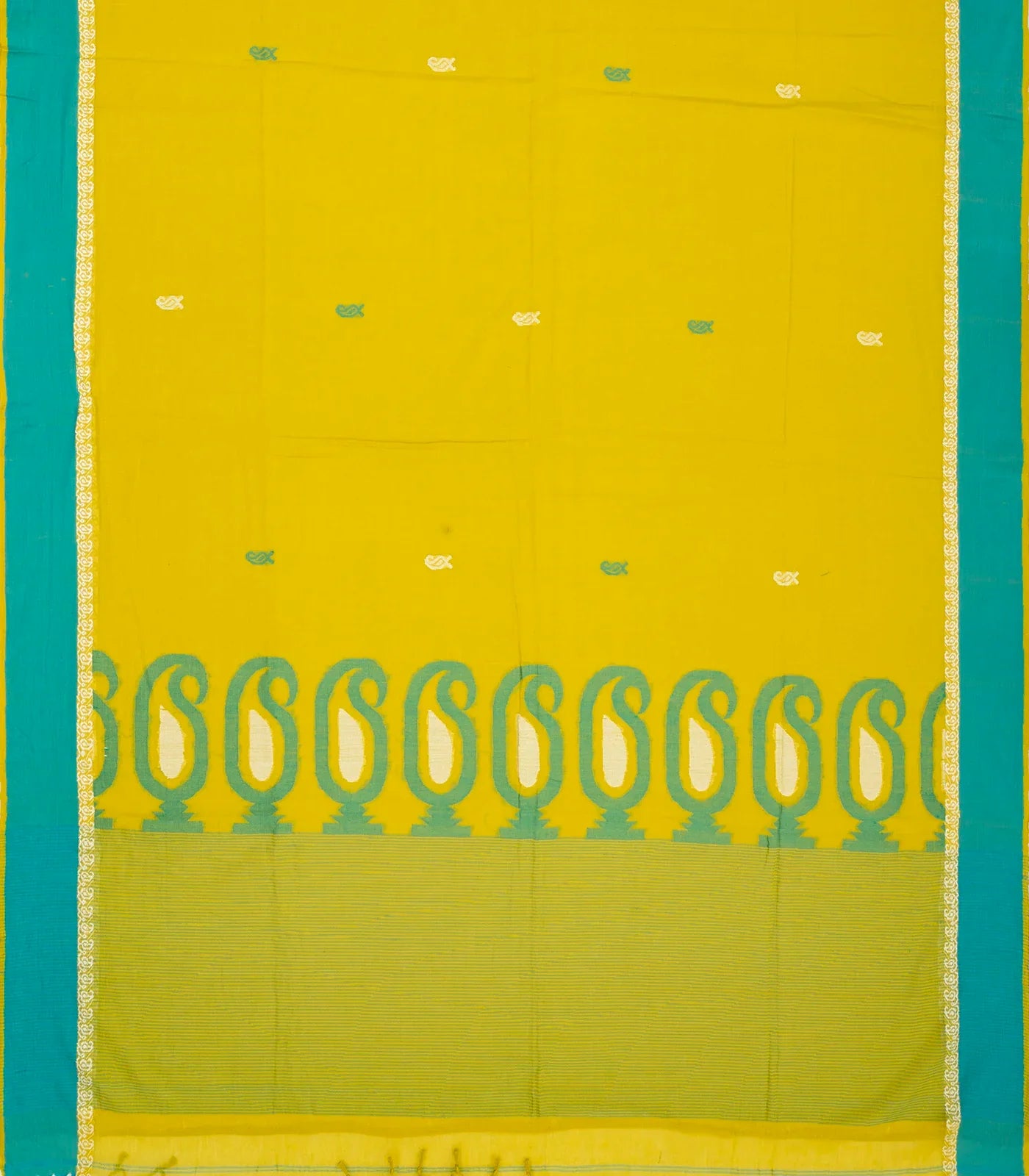 Lime Green Handloom Bengal Cotton Saree With Mango Buttas