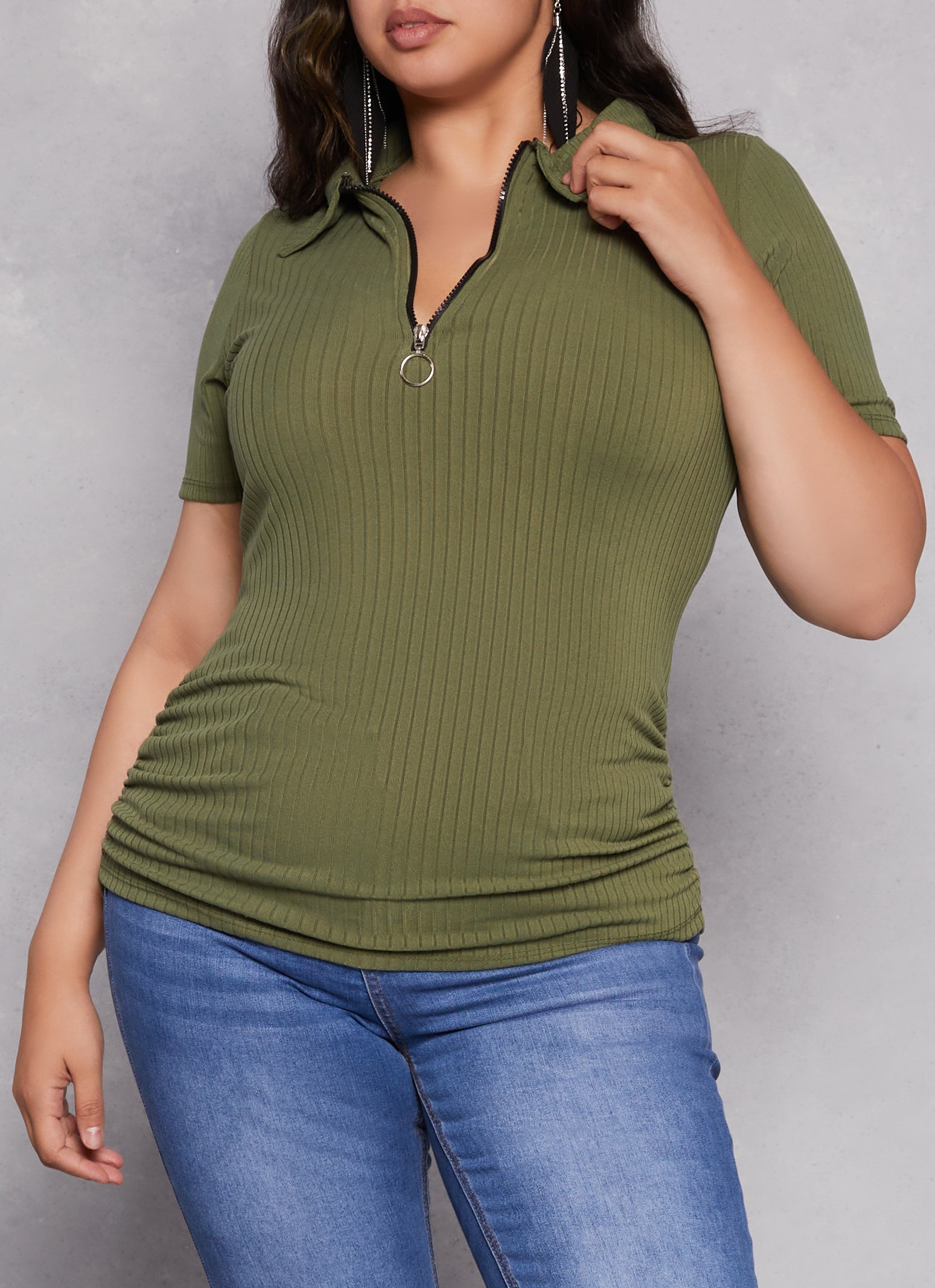 Plus Size Ruched Half Zip Polo Shirt