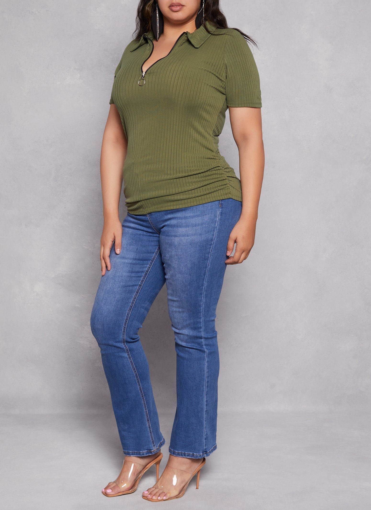 Plus Size Ruched Half Zip Polo Shirt