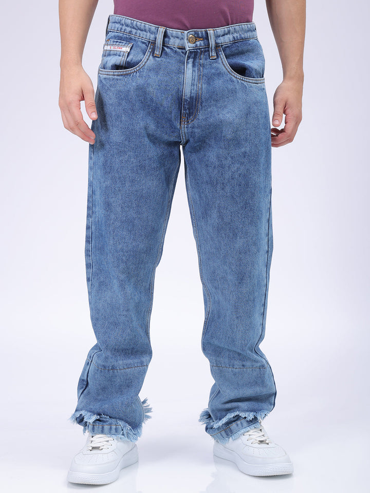 Men's Blue Vintage Straight Fit Solid Distressed Jeans