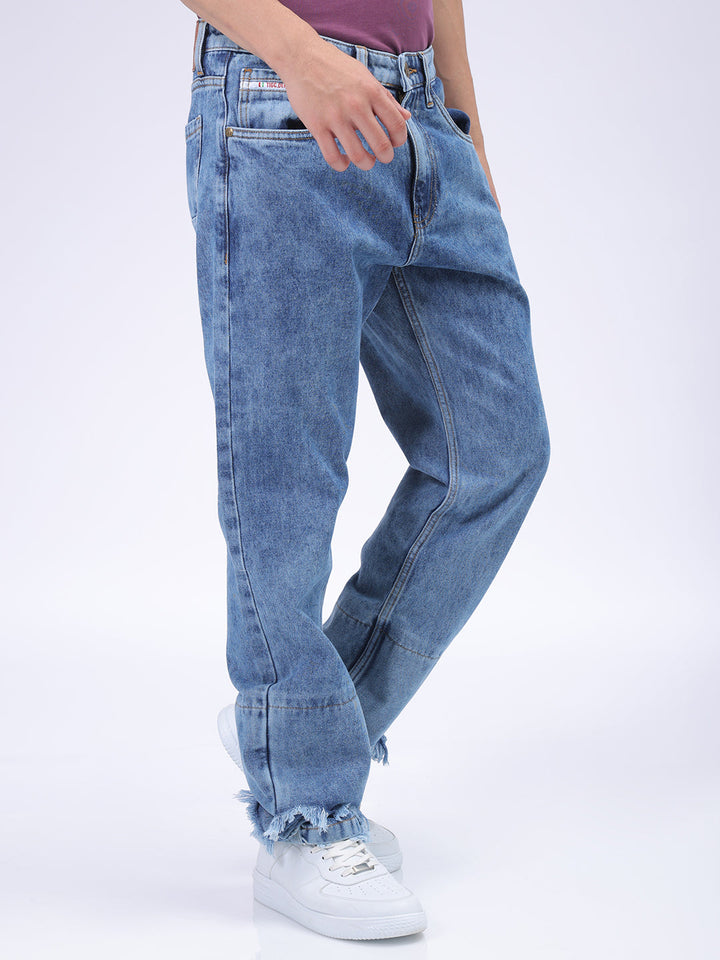 Men's Blue Vintage Straight Fit Solid Distressed Jeans