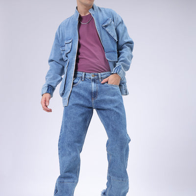 Men's Blue Vintage Straight Fit Solid Distressed Jeans