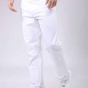 Men's White Vintage Straight Fit Solid Distressed Jeans