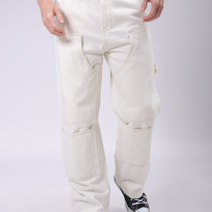 Men's White Relaxed Fit Solid Carpenter Jeans