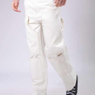 Men's White Relaxed Fit Solid Carpenter Jeans