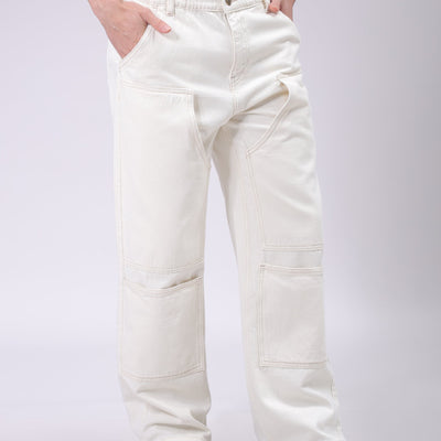 Men's White Relaxed Fit Solid Carpenter Jeans