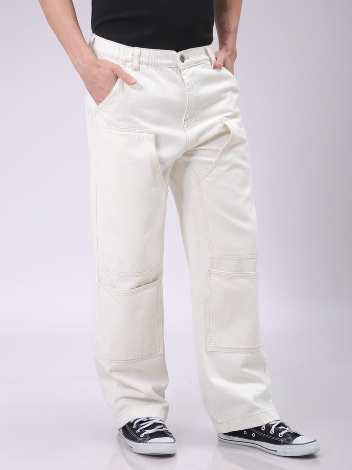 Men's White Relaxed Fit Solid Carpenter Jeans