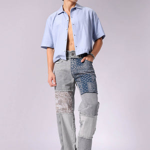 Men's Grey Relaxed Fit Colourblocked Jeans