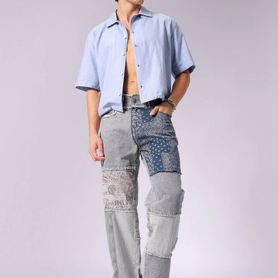 Men's Grey Relaxed Fit Colourblocked Jeans
