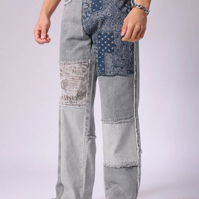 Men's Grey Relaxed Fit Colourblocked Jeans