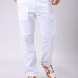 Men's White Dad Fit Solid Utility Cargo Jeans